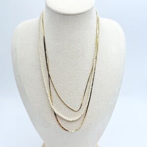 Vintage Multi-Layer Faux Pearl and Gold-Tone Chain Necklace Statement Jewelry